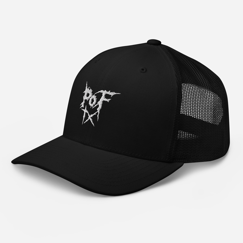 Black trucker ball cap with POFTX embroidered in white on the frontw